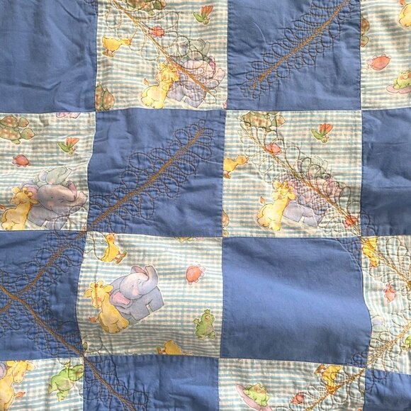 Vintage Baby Quilt Blanket Animals Blue Frog Turtle 53 1/2 x 51 Handmade Cover - Picture 2 of 14